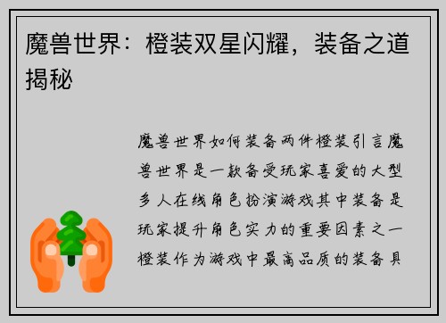 魔兽世界:橙装双星闪耀,装备之道揭秘